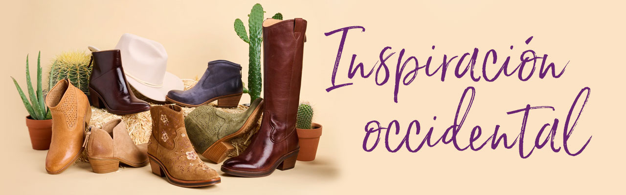 Inspiración occidental. Una colección de varios estilos de zapatos Söfft exhibidos con un sombrero de vaquero y un cactus.